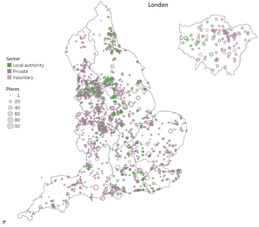 Map of England showing the spread of local authority, private and voluntary children's homes.