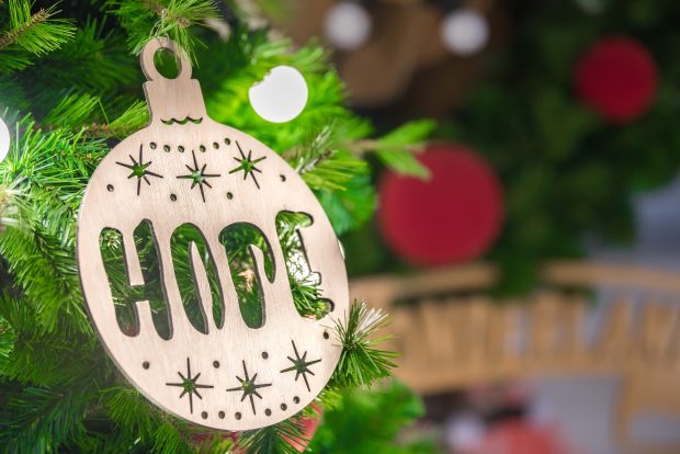 Christmas bauble with the word hope on it