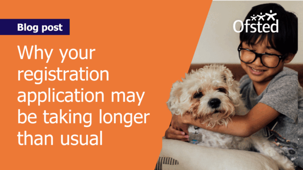 Text reads: 'Why your registration application may be taking longer than usual'. Next to this, a child is cuddling a dog.